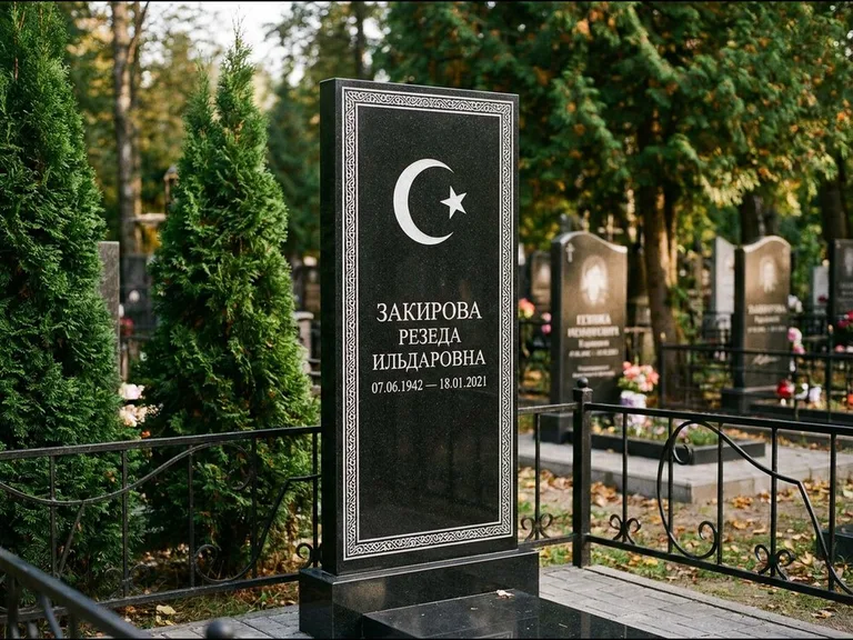 Памятник с гравировкой полумесяца — строгая белая гравировка полумесяца со звездой и орнаменталь, работа «Закирова» в Ростове-на-Дону