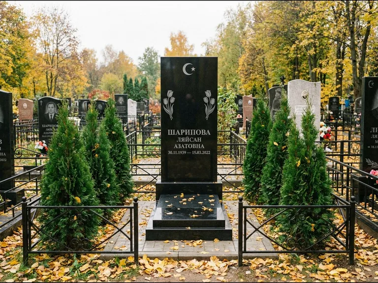Памятник с гравировкой полумесяца — гравировка полумесяца со звездой и тюльпанами по бокам, работа «Шарипова» в Ростове-на-Дону
