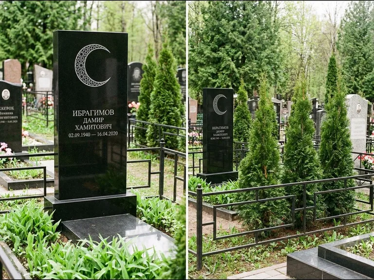 Памятник с гравировкой полумесяца — гравировка полумесяца в геометрическом орнаменте-гирихе, работа «Ибрагимов» в Ростове-на-Дону