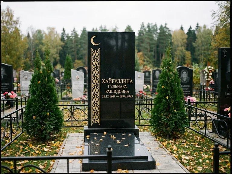 Памятник с гравировкой полумесяца — золочёный полумесяц и колонна растительного орнамента-ислими, работа «Хайруллина» в Ростове-на-Дону