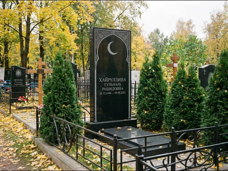 Памятник с гравировкой полумесяца — гравировка полумесяца в восточной арке с орнаментом, работа «Хайруллина» в Ростове-на-Дону