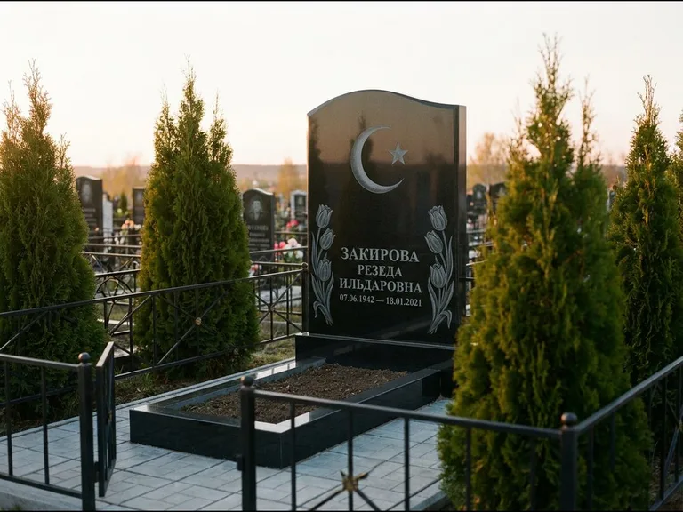 Памятник с гравировкой полумесяца — гравировка полумесяца со звездой и тюльпанами по бокам, работа «Закирова» в Ростове-на-Дону