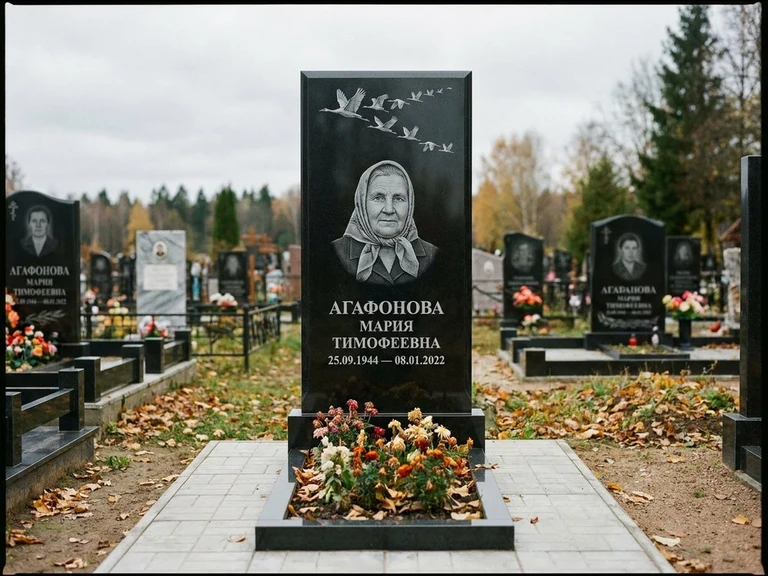 Гравировка журавлей на памятник в Ростове-на-Дону — памятник из чёрного гранита с гравировкой