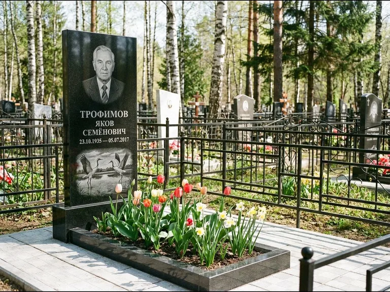 Памятник с гравировкой журавлей — гравировка пары журавлей над гладью озера в нижней части, работа «Трофимов» в Ростове-на-Дону