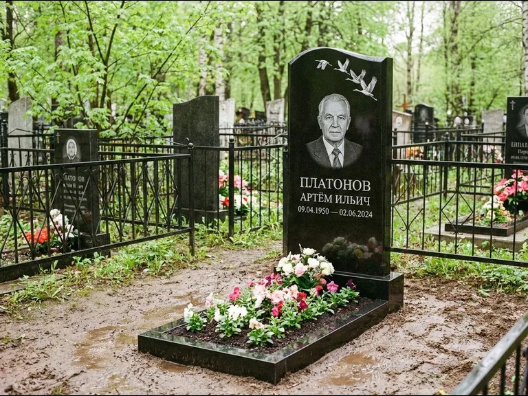 Памятник с гравировкой журавлей — белая гравировка клина журавлей, уходящего в верхний угол ст, работа «Платонов» в Ростове-на-Дону