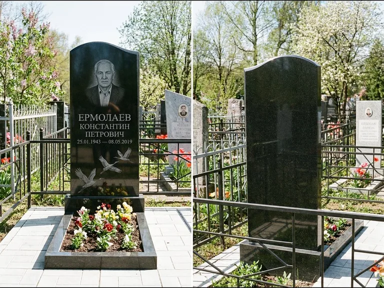 Памятник с гравировкой журавлей — гравировка трёх журавлей по диагонали через свободное поле с, работа «Ермолаев» в Ростове-на-Дону