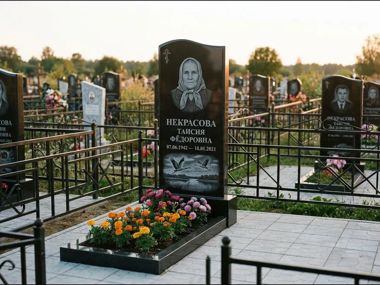 Памятник с гравировкой журавлей — гравировка пары журавлей над гладью озера в нижней части, работа «Некрасова» в Ростове-на-Дону