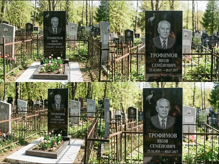 Памятник с гравировкой журавлей — гравировка одиночного летящего журавля над портретом, работа «Трофимов» в Ростове-на-Дону