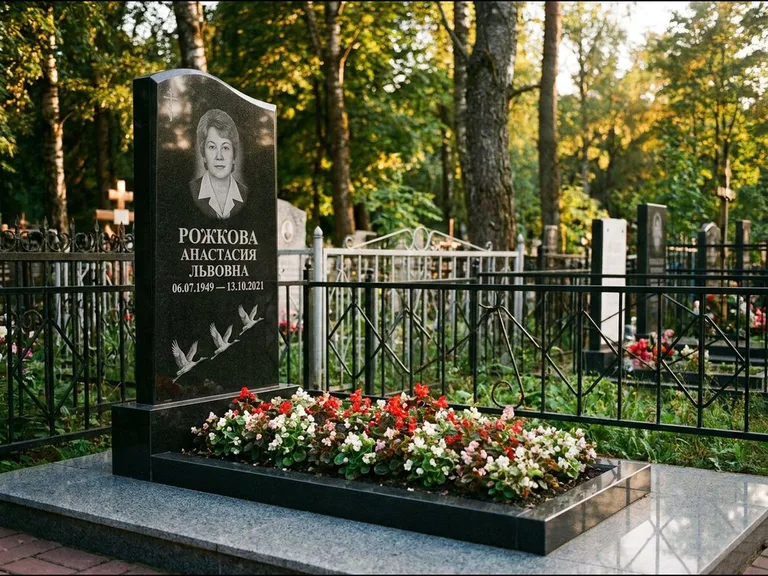Памятник с гравировкой журавлей — гравировка трёх журавлей по диагонали через свободное поле с, работа «Рожкова» в Ростове-на-Дону