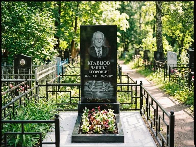 Памятник с гравировкой журавлей — гравировка пары журавлей над гладью озера в нижней части, работа «Кравцов» в Ростове-на-Дону