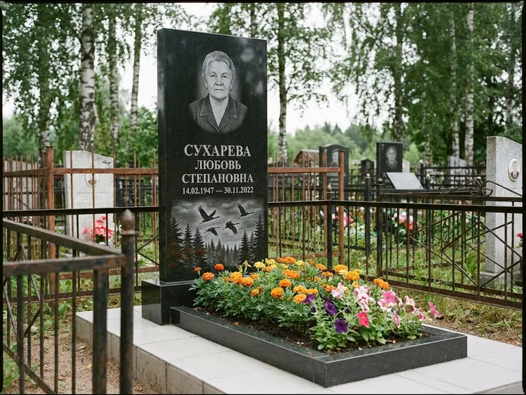 Памятник с гравировкой журавлей — гравировка силуэтов журавлей над еловым лесом, работа «Сухарева» в Ростове-на-Дону