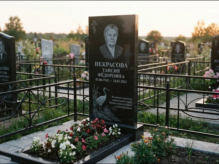 Памятник с гравировкой журавлей — гравировка журавля у камышей рядом с эпитафией, работа «Некрасова» в Ростове-на-Дону
