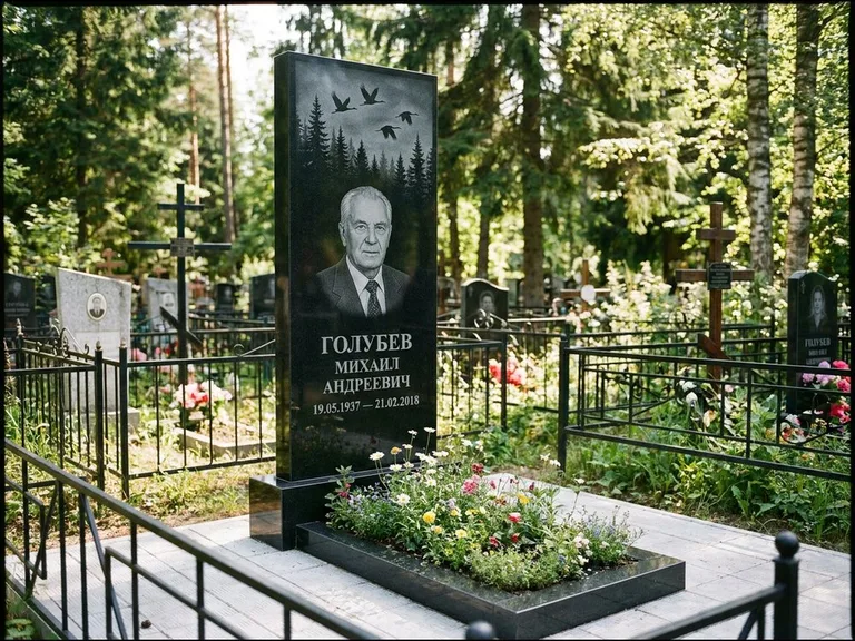 Памятник с гравировкой журавлей — гравировка силуэтов журавлей над еловым лесом, работа «Голубев» в Ростове-на-Дону