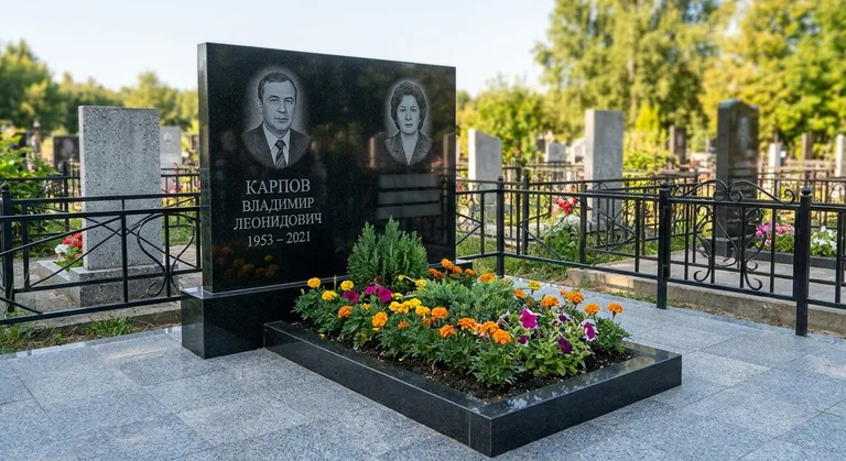 Семейный (двойной) памятник, Примеры памятников, установки и благоустройства от мастерской «Мастер Каменев» на кладбищах Новосибирска