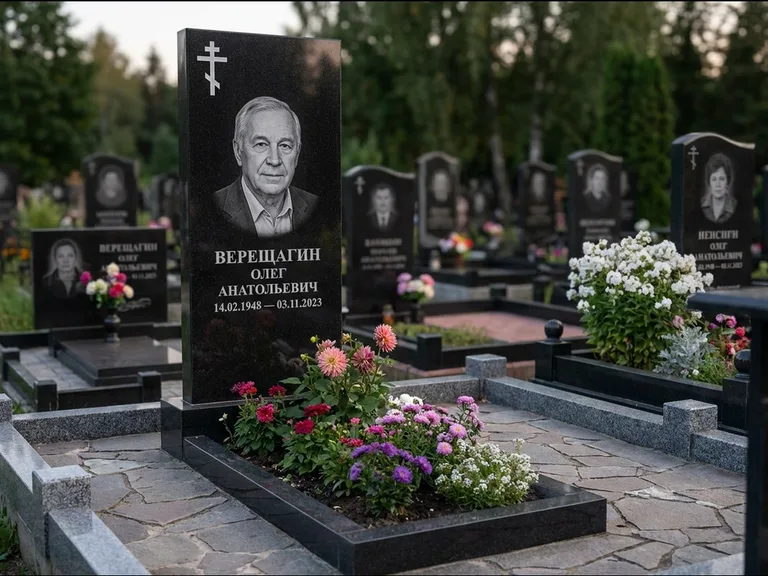Памятник из чёрного гранита — горизонтальная плита-стела с православным восьмиконечным крестом, работа «Тихонов» в Ростове-на-Дону