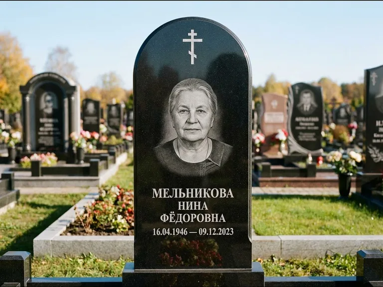 Памятник из чёрного гранита — стела с резным навершием с латинским крестом, работа «Савельева» в Ростове-на-Дону