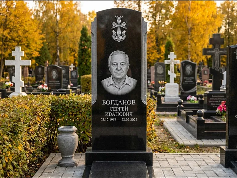 Памятник из чёрного гранита — круглая стела-медальон с армянским хачкаром, работа «Ковалёв» в Ростове-на-Дону