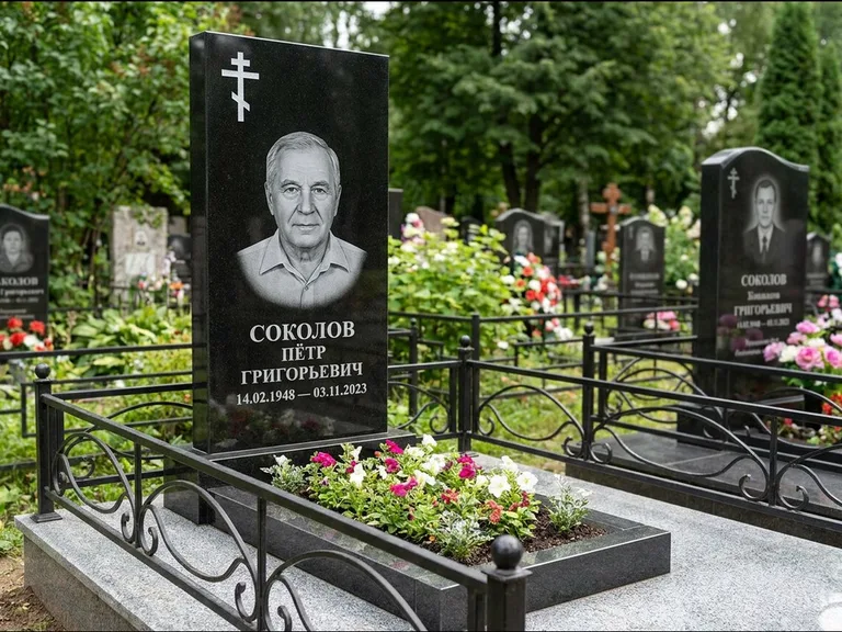 Памятник из чёрного гранита — стела с арочным верхом с православным восьмиконечным крестом, работа «Ковалёв» в Ростове-на-Дону