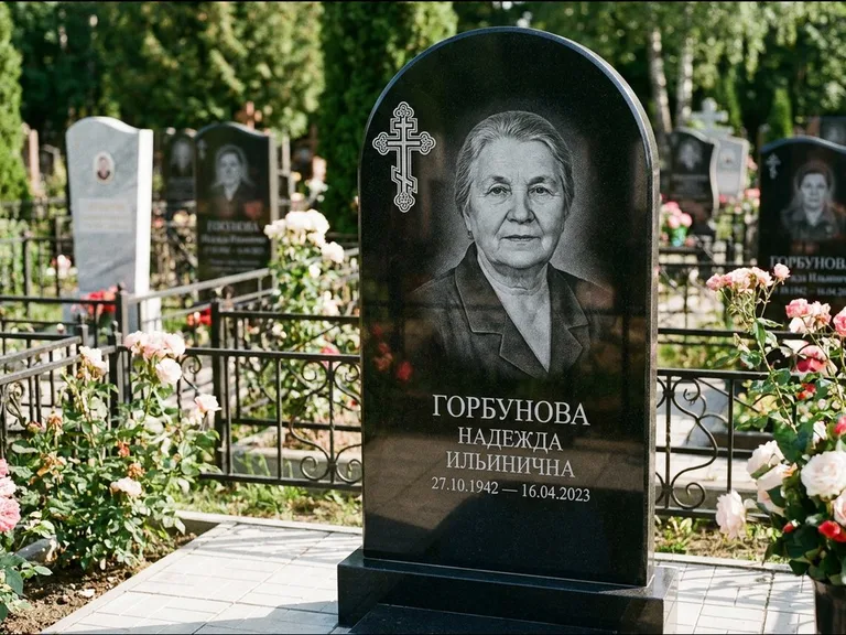 Памятник из чёрного гранита — стела с боковой колонной с крестом в лучах, работа «Мельникова» в Ростове-на-Дону