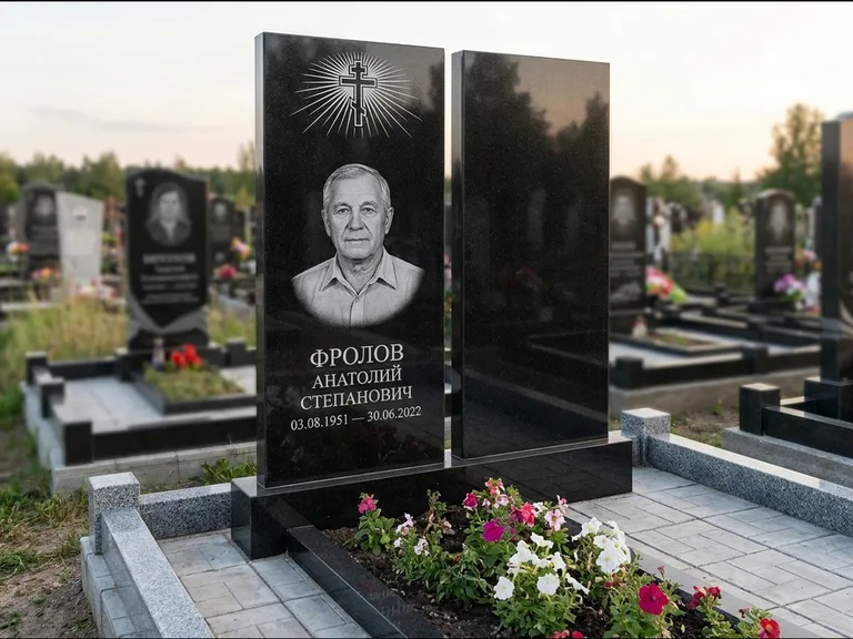 Памятник из чёрного гранита — стела на ступенчатом постаменте с золочёным крестом, работа «Богданов» в Ростове-на-Дону