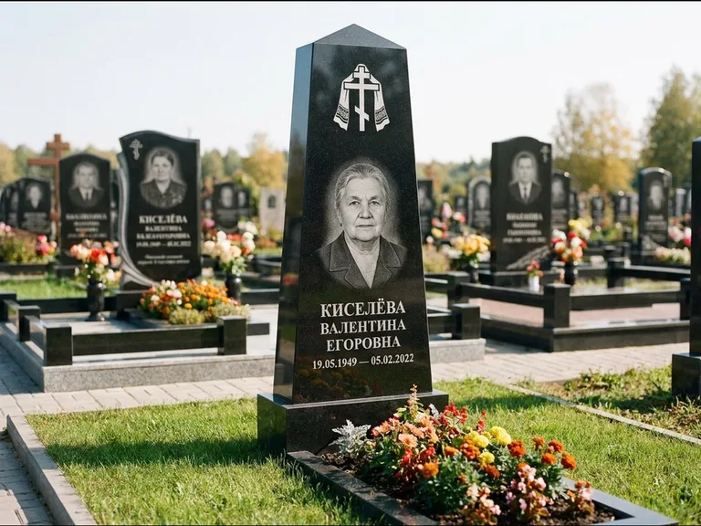 Памятник из чёрного гранита — стела со скошенным верхом с ажурным резным крестом, работа «Селезнёва» в Ростове-на-Дону