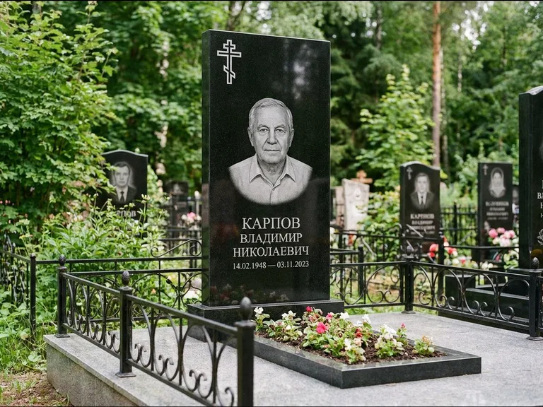 Памятник из чёрного гранита — узкая стела с ажурным крестом с православным восьмиконечным крестом, работа «Гущин» в Ростове-на-Дону