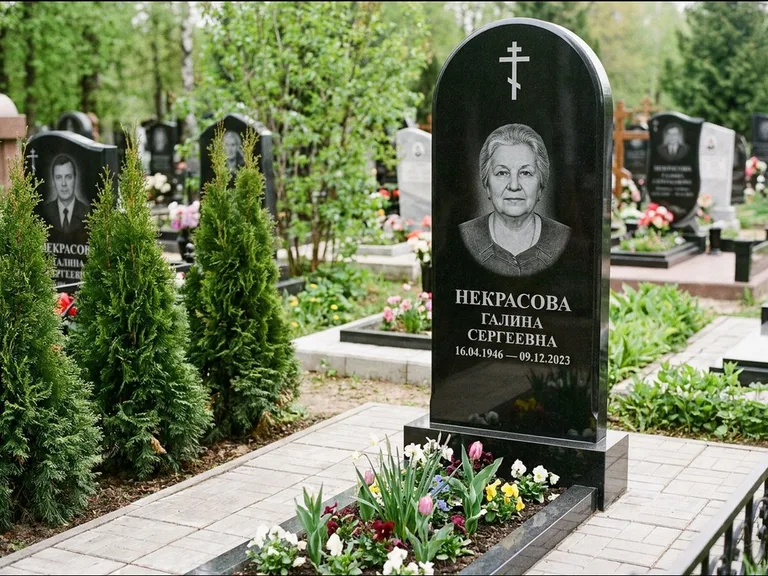 Памятник из чёрного гранита — стела с цветником-плитой с латинским крестом, работа «Лаврентьева» в Ростове-на-Дону