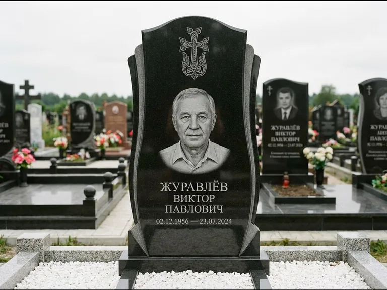 Памятник из чёрного гранита — панорамная стела с армянским хачкаром, работа «Тихонов» в Ростове-на-Дону