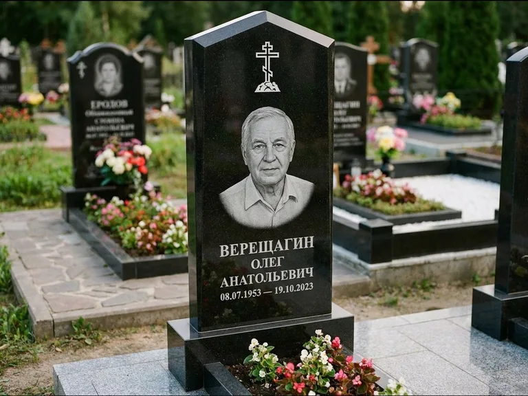 Памятник из чёрного гранита — обелиск-колонна с крестом на Голгофе, работа «Ковалёв» в Ростове-на-Дону