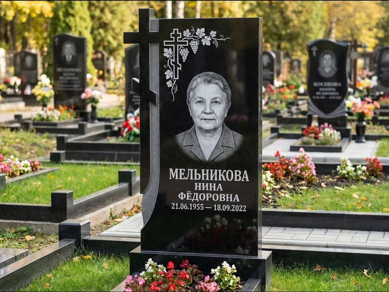 Памятник из чёрного гранита — стела с резной рамкой с крестом с распятием, работа «Некрасова» в Ростове-на-Дону