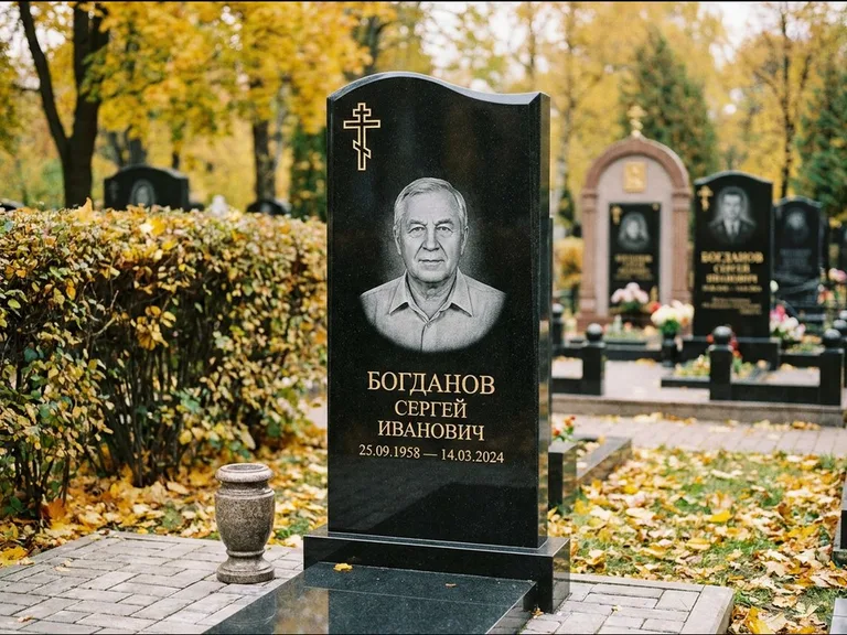 Памятник из чёрного гранита — стела с цветником с процветшим крестом с виноградной лозой, работа «Журавлёв» в Ростове-на-Дону