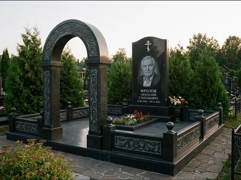 Памятник из чёрного гранита — высокая стела с процветшим крестом с православным восьмиконечным крестом, работа «Панкратов» в Ростове-на-Дону