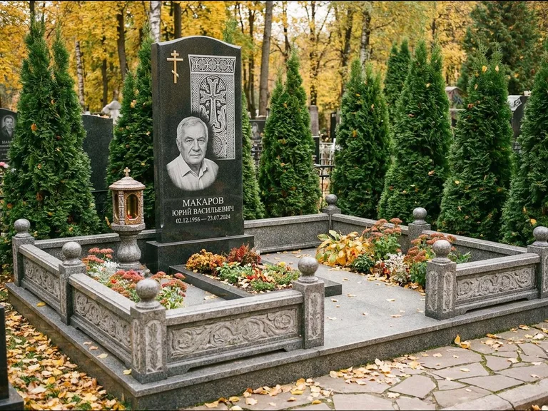 Памятник из чёрного гранита — стела с крестом и лампадой с армянским хачкаром, работа «Гущин» в Ростове-на-Дону