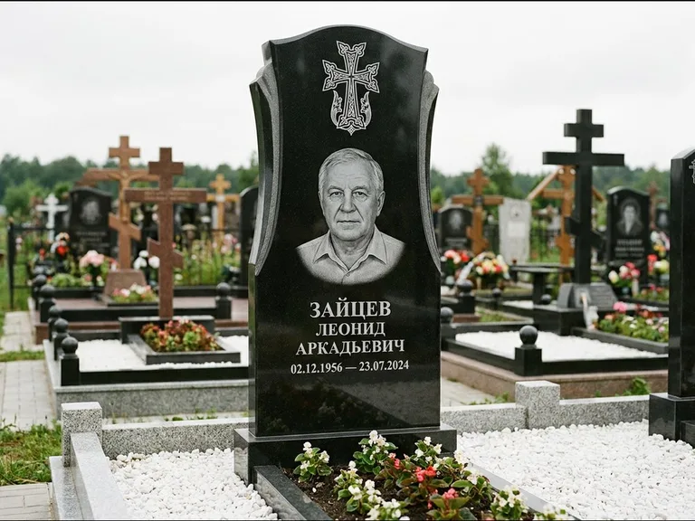 Памятник из чёрного гранита — семейная стела на двоих с армянским хачкаром, работа «Журавлёв» в Ростове-на-Дону