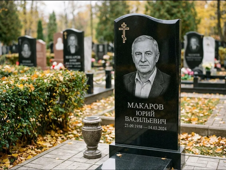 Памятник из чёрного гранита — фигурная стела с киот-нишей с процветшим крестом с виноградной лозой, работа «Богданов» в Ростове-на-Дону