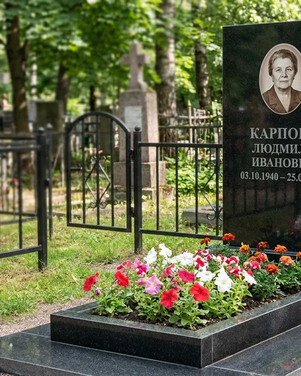 Памятник под ключ с низкой оградой и цветником в Ростове-на-Дону