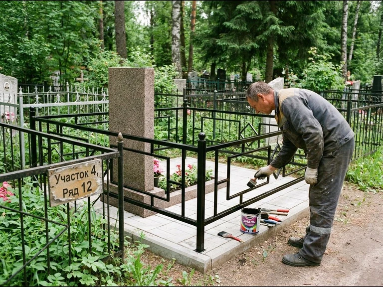 Покраска оградки на кладбище в Ростове-на-Дону — мастер красит металлическую ограду на могиле чёрной эмалью