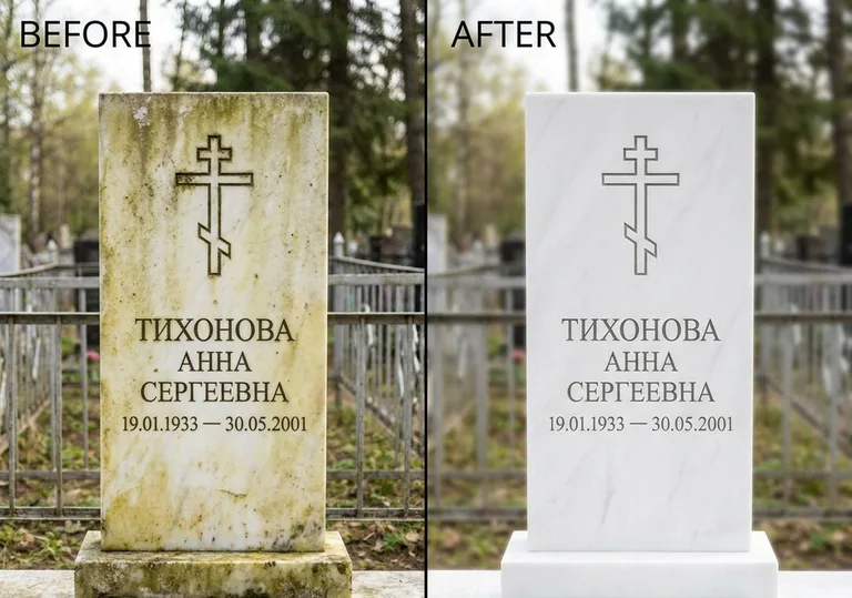 Восстановление мраморного надгробия от желтизны: до и после в Ростове-на-Дону