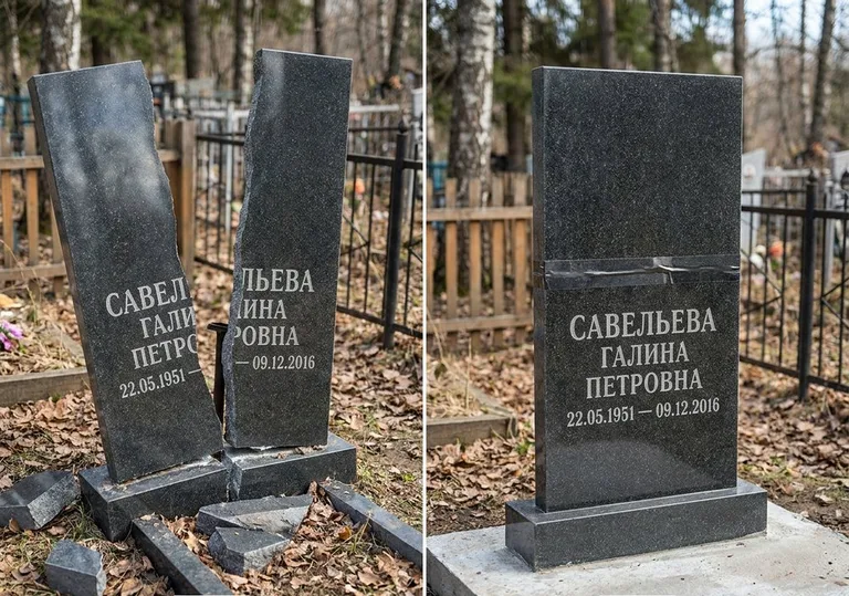 Склейка расколотого гранитного памятника: до и после в Ростове-на-Дону
