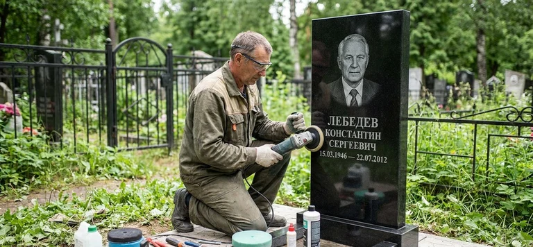 Реставрация памятника в Ростове-на-Дону — восстановление гранита, заделка трещин и обновление надписей на кладбище