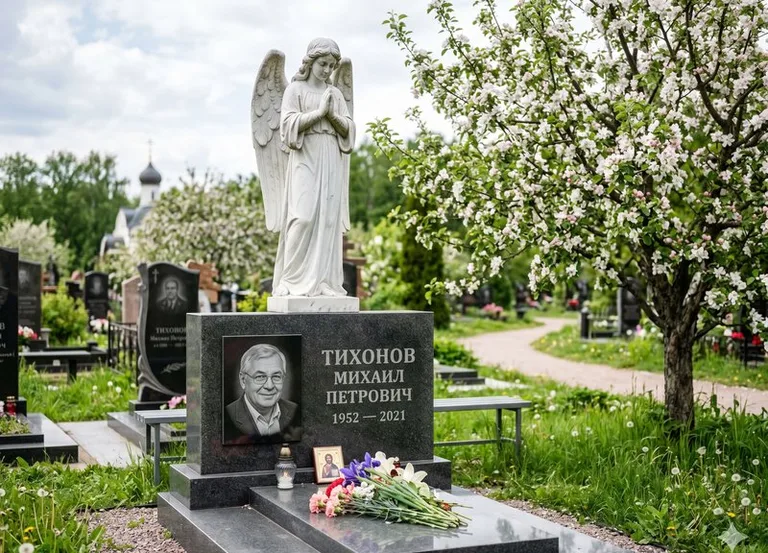 Мраморный молящийся ангел на гранитном памятнике весной в Ростове-на-Дону
