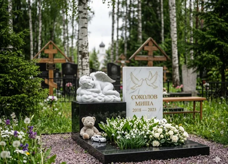 Белый ангелочек на детском памятнике в Ростове-на-Дону