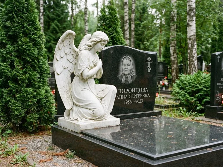 Белый мраморный ангел на гранитном памятнике в Ростове-на-Дону