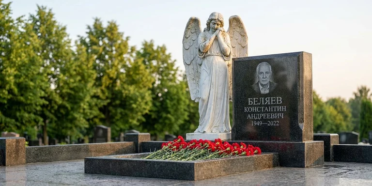 Скульптура на памятник в Ростове-на-Дону — мраморный ангел на гранитном мемориале