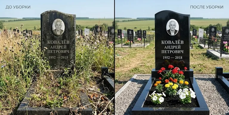 Уборка могилы до и после — ухоженный участок в Ростове-на-Дону