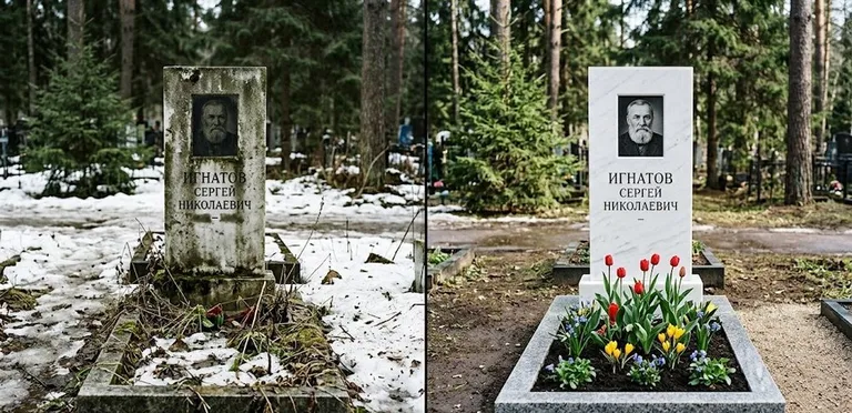 Диптих №6: высадка хризантем у подножия серого гранита — до и после уборки в Ростове-на-Дону