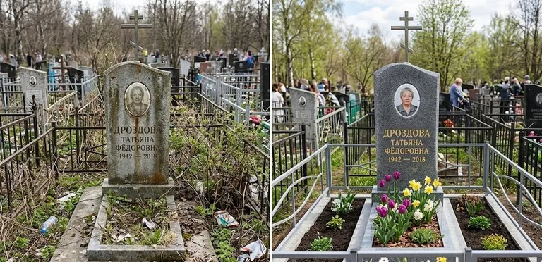 Диптих №4: свежепокрашенная серебром оградка и отмытый красный гранит — до и после в Ростове-на-Дону