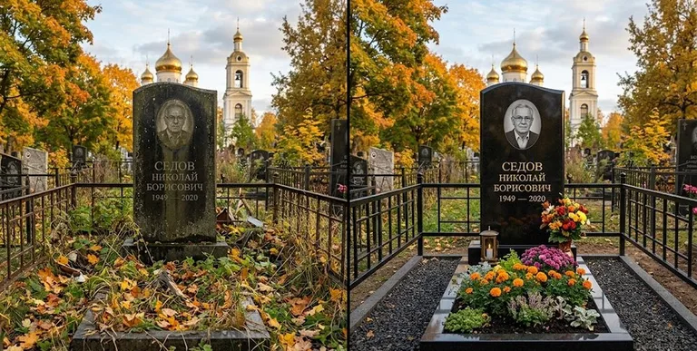 Уборка могилы до и после осенью — у церкви в Ростове-на-Дону