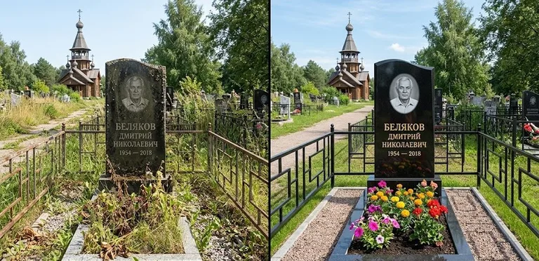 Уборка могилы с вазой и цветами до и после в Ростове-на-Дону