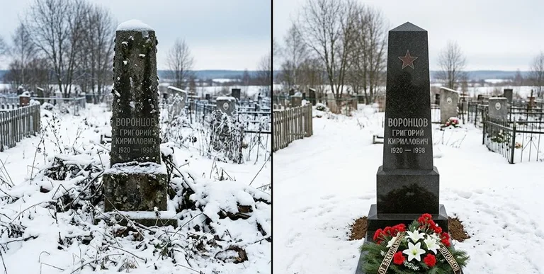 Уборка могилы до и после зимой — воинский обелиск в Ростове-на-Дону